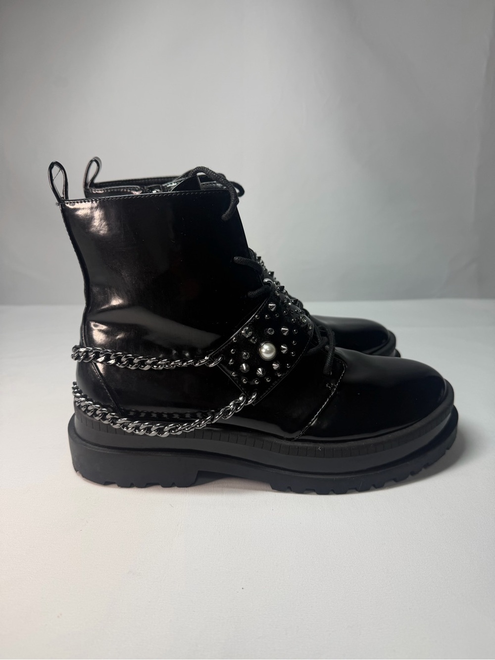 Jessica Simpson Black Patent Leather Combat Boots with Chains